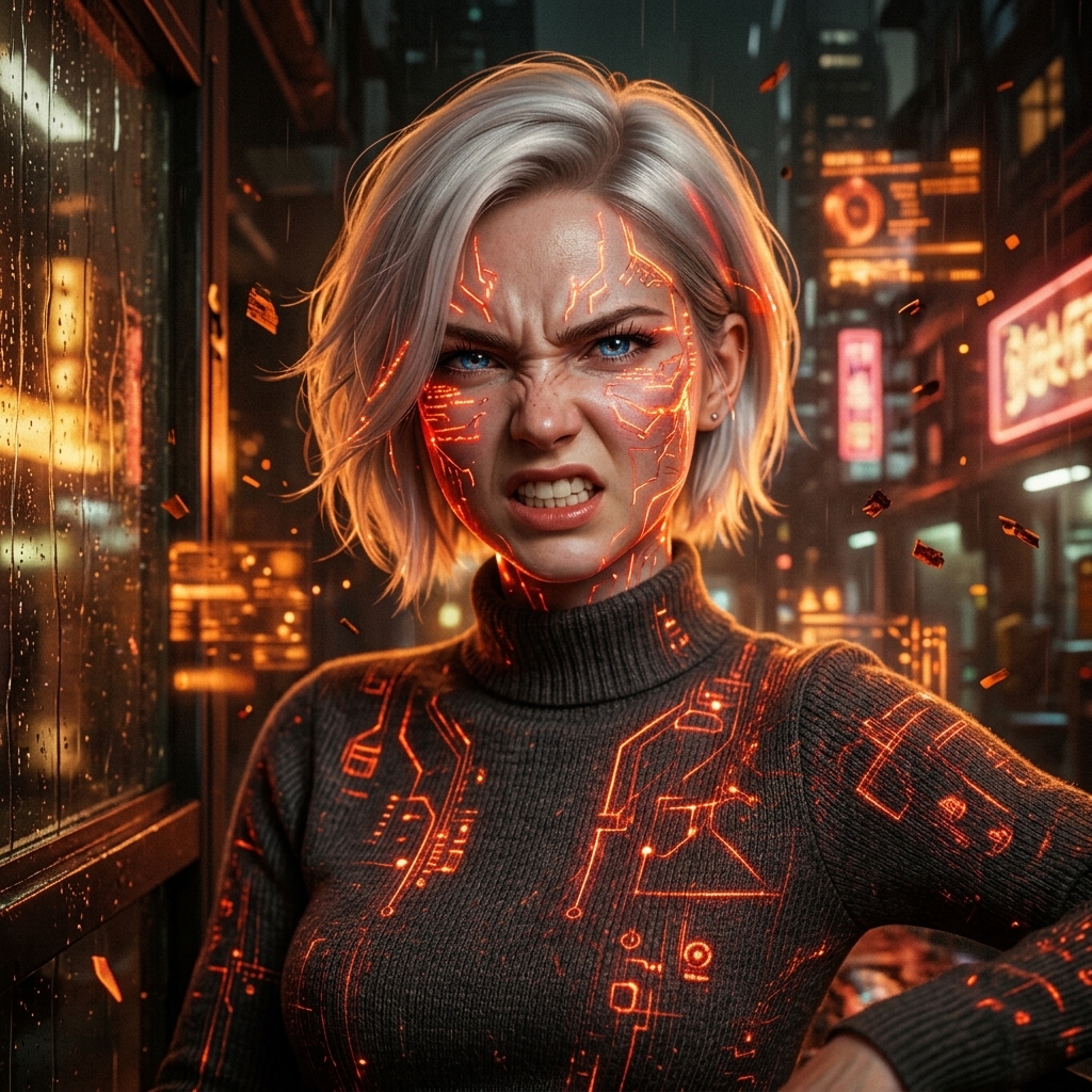 Emma im Rage-Modus mit glühenden roten Schaltkreisen