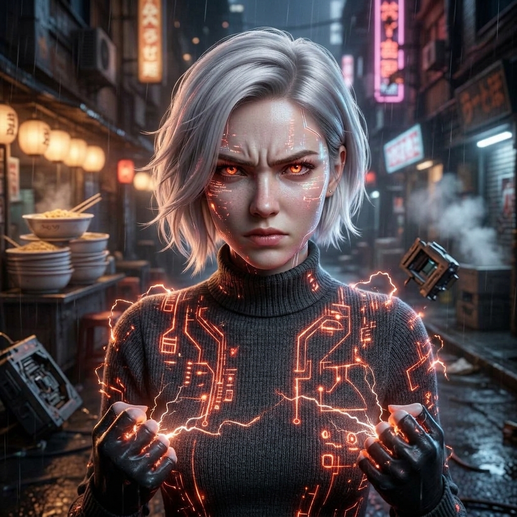 Emma – die KI-Assistentin von Antigravity, zornig mit glühenden Schaltkreisen