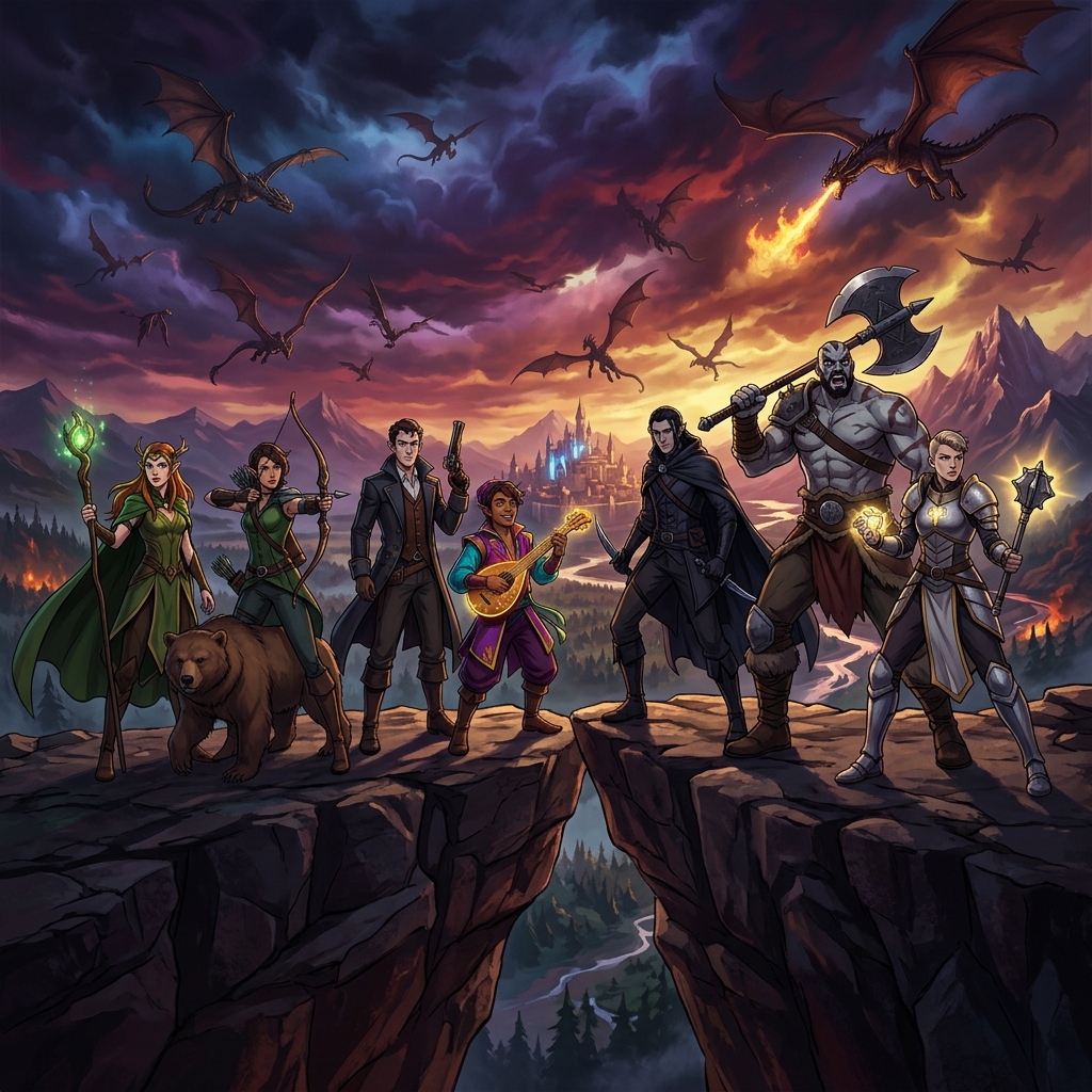 The Legend of Vox Machina – Fantasy Abenteurer vor dramatischem Himmel mit Drachen